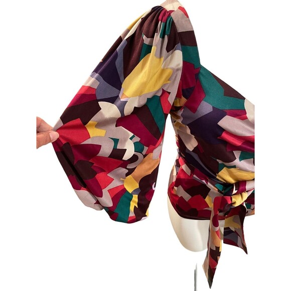 CATHERINE MALANDRINO 100% SILK ABSTRACT PRINT BELL SLEEVE WRAP FRONT BLOUSE‎ P - Picture 3 of 10